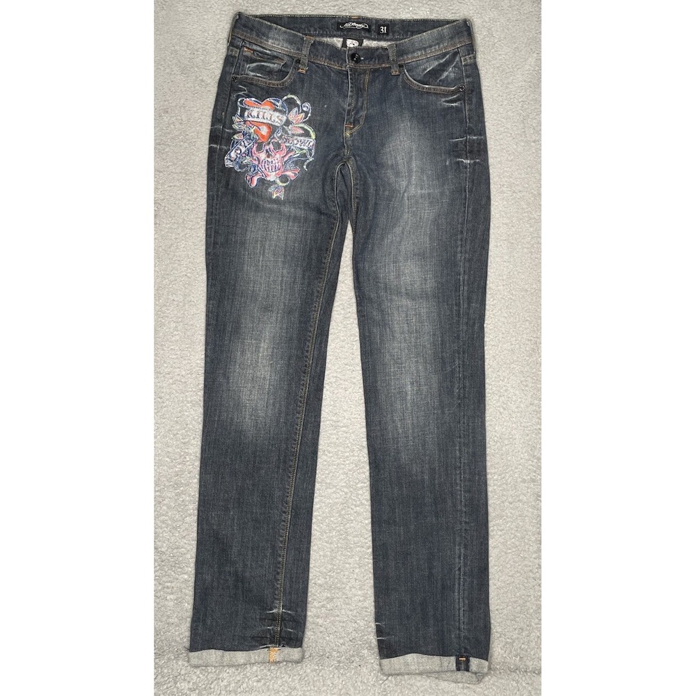 Vtg Y2K Ed Hardy Spell‎ Out Skull Floral Embroidered Cuffed Jeans Women's 31